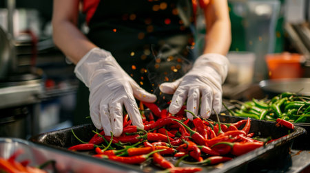 A woman wearing gloves while handling hot chili peppers, protecting her hands from the spicy oils.の素材