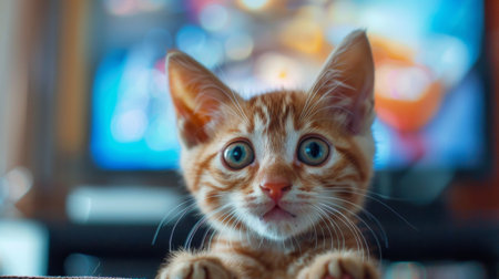 Close-up of a curious kitten with wide eyes, fascinated by the moving images on a television screen.の素材