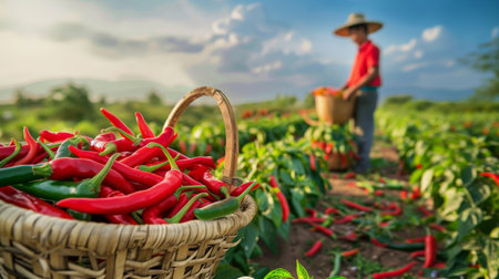 A farmer harvesting ripe chili peppers from a field, with baskets overflowing with fresh produce.の素材