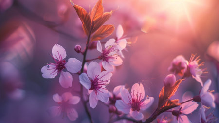 Close-up of a cherry blossom branch with delicate pink flowers, illuminated by the soft light of dawn.の素材