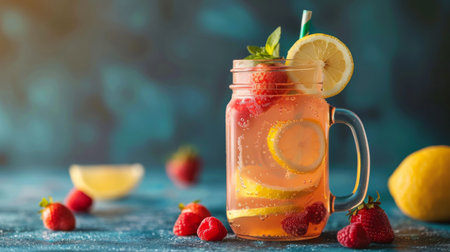 A refreshing strawberry lemonade served in a mason jar, garnished with a slice of lemon and fresh berries.の素材