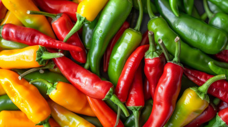 A colorful assortment of chili peppers in red, green, and yellow, adding heat and flavor to any dish.の素材