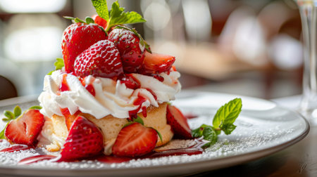 A mouthwatering strawberry shortcake adorned with whipped cream and fresh mint leaves, served on a plate.の素材
