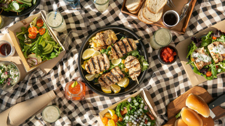 A picnic spread with grilled chicken sandwiches, fresh salads, and cold drinks on a checkered blanket.の素材