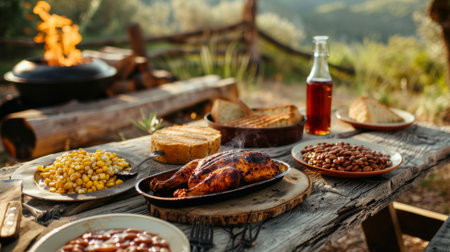 A rustic outdoor barbecue setup with grilled chicken, cornbread, and baked beans on a wooden table.の素材