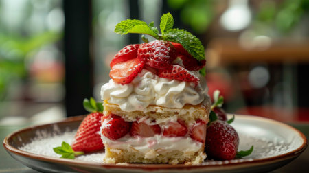 A mouthwatering strawberry shortcake adorned with whipped cream and fresh mint leaves, served on a plate.の素材