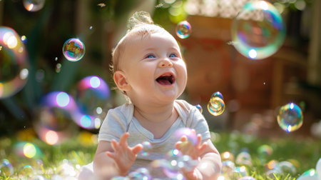 A baby giggling with delight as they play with bubbles in a sunny backyard garden.の素材
