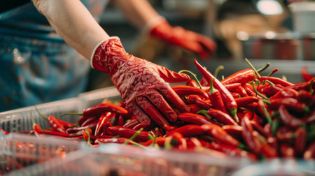 A woman wearing gloves while handling hot chili peppers, protecting her hands from the spicy oils.の素材
