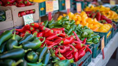 A colorful assortment of chili peppers displayed at a farmers market, with prices and variety labelsの素材