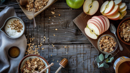 A healthy breakfast spread with sliced apples, yogurt, granola, and honey on a wooden tableの素材