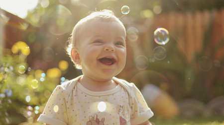 A baby giggling with delight as they play with bubbles in a sunny backyard garden.の素材