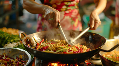 A woman cooking spicy Thai curry with red chili peppers, lemongrass, and coconut milk in a traditional wok.の素材