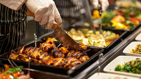 A chef carving grilled chicken at a live cooking station, serving guests at a catered event.の素材
