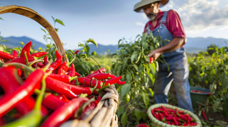 A farmer harvesting ripe chili peppers from a field, with baskets overflowing with fresh produce.の素材