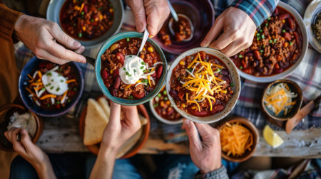 A group of friends enjoying spicy chili con carne served in colorful bowls, topped with cheese and sour cream.の素材
