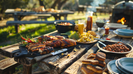 A rustic outdoor barbecue setup with grilled chicken, cornbread, and baked beans on a wooden table.の素材