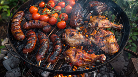 A barbecue party with grilled chicken quarters, ribs, and sausages cooking over hot coals.の素材