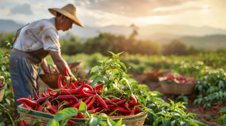 A farmer harvesting ripe chili peppers from a field, with baskets overflowing with fresh produce.の素材