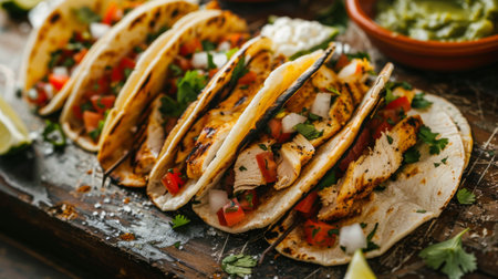 A food truck serving up gourmet grilled chicken tacos with fresh salsa and cilantro lime crema.の素材