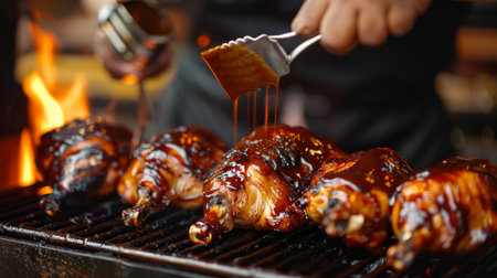A chef basting whole chickens with barbecue sauce on a rotisserie grill, creating mouthwatering flavor.の素材