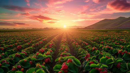 A picturesque strawberry field at sunset, with rows of plants stretching toward the horizon.の素材