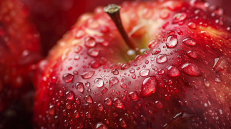 A close-up of a crisp, red apple with water droplets, showcasing freshness and healthiness.の素材