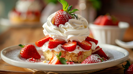 A mouthwatering strawberry shortcake adorned with whipped cream and fresh mint leaves, served on a plate.の素材