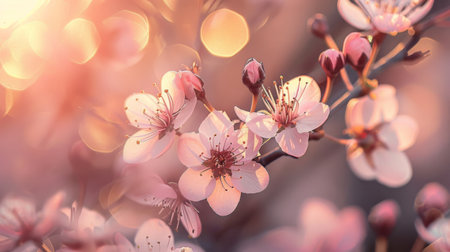 Close-up of a cherry blossom branch with delicate pink flowers, illuminated by the soft light of dawn.の素材