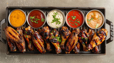 A platter of grilled chicken wings served with dipping sauces, perfect for game day.の素材