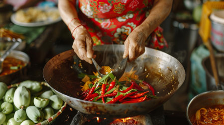 A woman cooking spicy Thai curry with red chili peppers, lemongrass, and coconut milk in a traditional wok.の素材