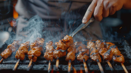 Close-up of a chef flipping marinated chicken skewers on a smoky barbecue grillの素材