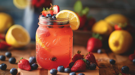 A refreshing strawberry lemonade served in a mason jar, garnished with a slice of lemon and fresh berries.の素材