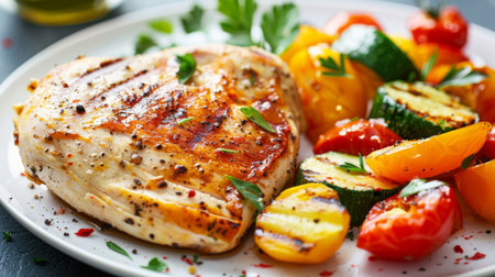 A sizzling grilled chicken breast served with colorful roasted vegetables on a white plate.の素材