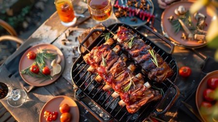 A barbecue party with pork spare ribs as the star attraction, surrounded by friends and festive decorationsの素材