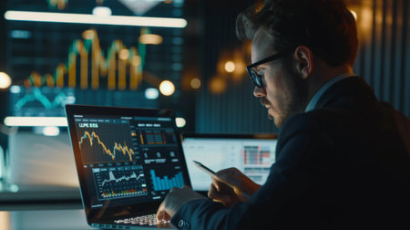 A businessman reviewing stock market data on a laptop screen while working in a modern office environmentの素材