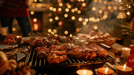 A barbecue party with grilled pork neck as the main attraction, surrounded by friends and festive decorationsの素材
