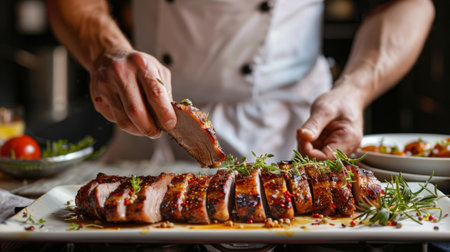 A chef arranging grilled pork neck slices on a serving platter, with artistic garnishes for presentationの素材