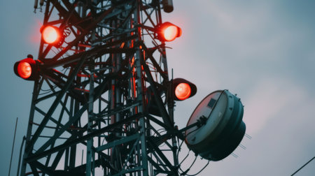 A close-up of antennas and equipment on a telephone signal tower, transmitting signals to mobile devicesの素材