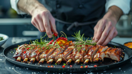 A chef arranging grilled pork spare ribs on a serving platter, with artistic garnishes for presentationの素材