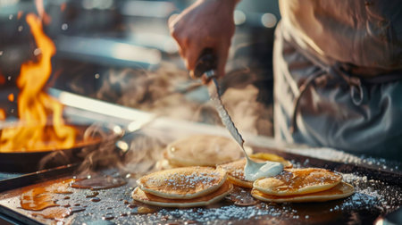 A chef flipping pancakes on a hot griddle pan, creating golden brown perfectionの素材