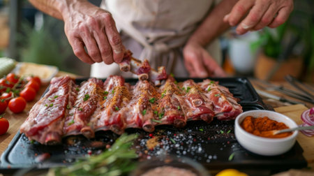 A chef seasoning pork spare ribs with a rub mixture before grilling, with ingredients neatly arranged on a tableの素材