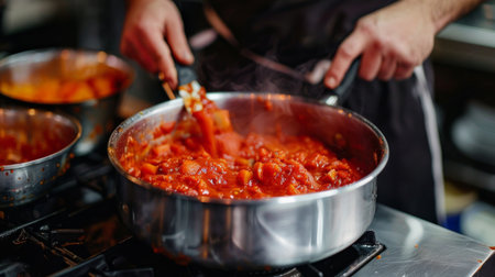 A chef stirring a bubbling pot of tomato sauce on a stovetop, creating a rich and flavorful baseの素材