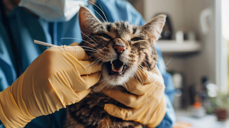 A caring veterinarian examining a cat's teeth while the feline looks up curiouslyの素材