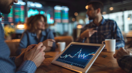 A financial advisor discussing investment options with a couple while pointing to a stock market graph on a tabletの素材