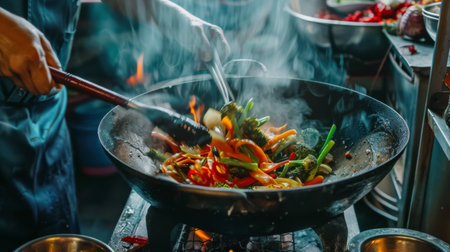 A chef tossing stir-fry vegetables in a wok over high heat, showcasing culinary expertiseの素材