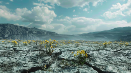 A barren landscape with cracked earth and wilted plants, symbolizing the impact of global warmingの素材