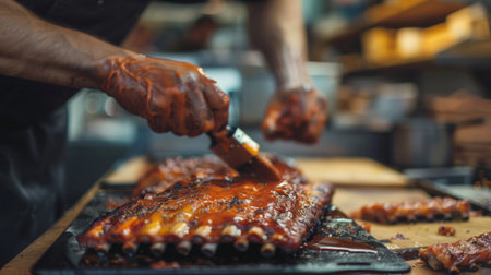 A chef brushing marinade onto pork spare ribs before slow-cooking them in the oven, with a kitchen scene in the backgroundの素材