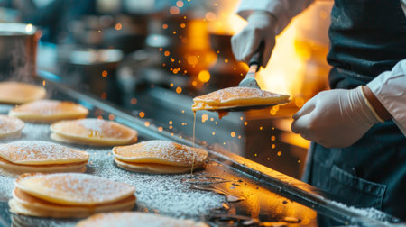 A chef flipping pancakes on a hot griddle pan, creating golden brown perfectionの素材
