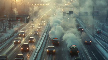 A gridlocked highway with vehicles emitting exhaust fumes, contributing to air pollution and the greenhouse effectの素材