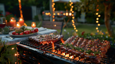 A barbecue party with pork spare ribs as the star attraction, surrounded by friends and festive decorationsの素材